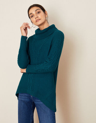 Roll Neck Cable Knit Jumper Teal, Teal (TEAL), large