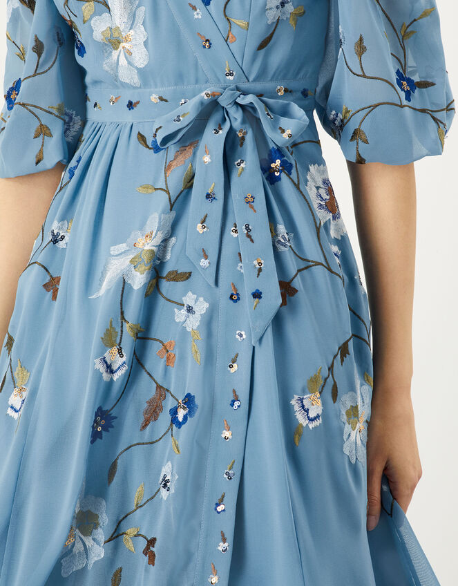 Willa Embroidered Wrap Dress in Recycled Polyester, Blue (BLUE), large