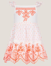 Baby Broderie Tiered Cotton Sundress, Orange (ORANGE), large