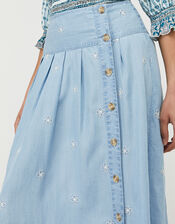Elsie Floral Embroidered Skirt in LENZING&trade; TENCEL&trade;, Blue (DENIM BLUE), large