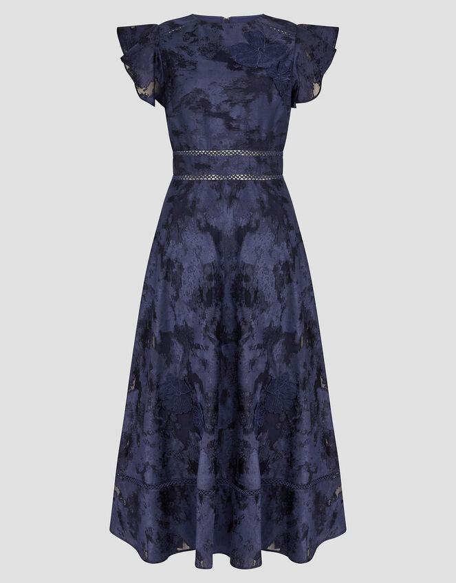 Josie Flutter Sleeve Floral Jacquard Midi Dress, Blue (NAVY), large