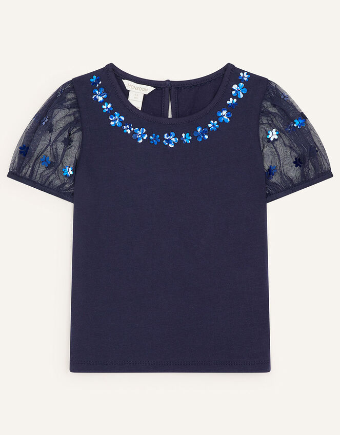 Daisy Puff Sleeve Top, Blue (NAVY), large