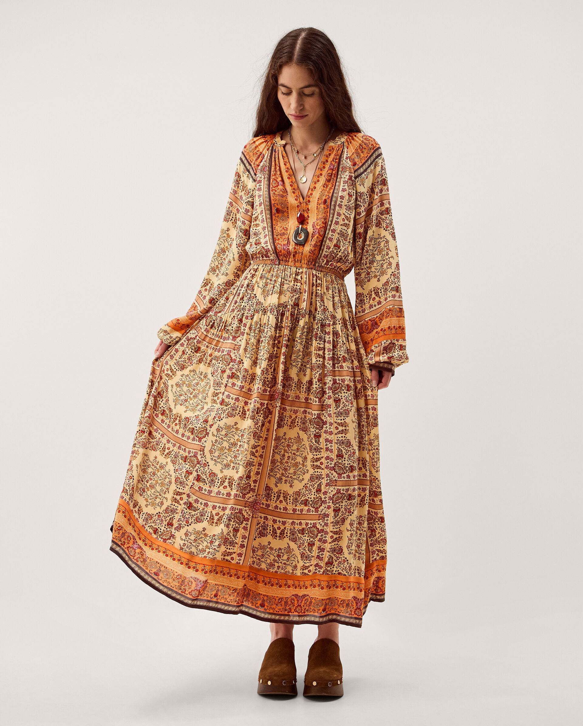 Ines Floral Print Midi Dress Natural