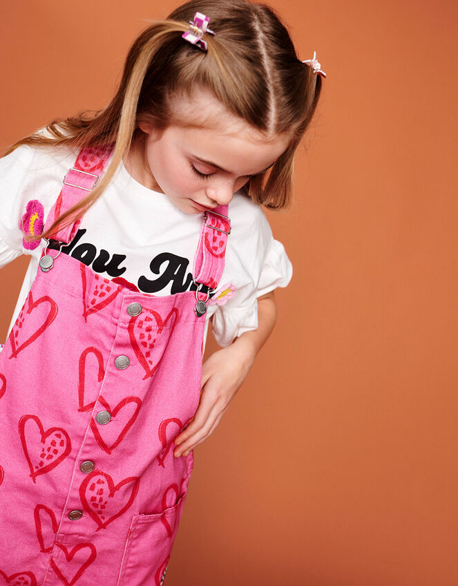 Heart Print Denim Dungarees, Pink (PINK), large