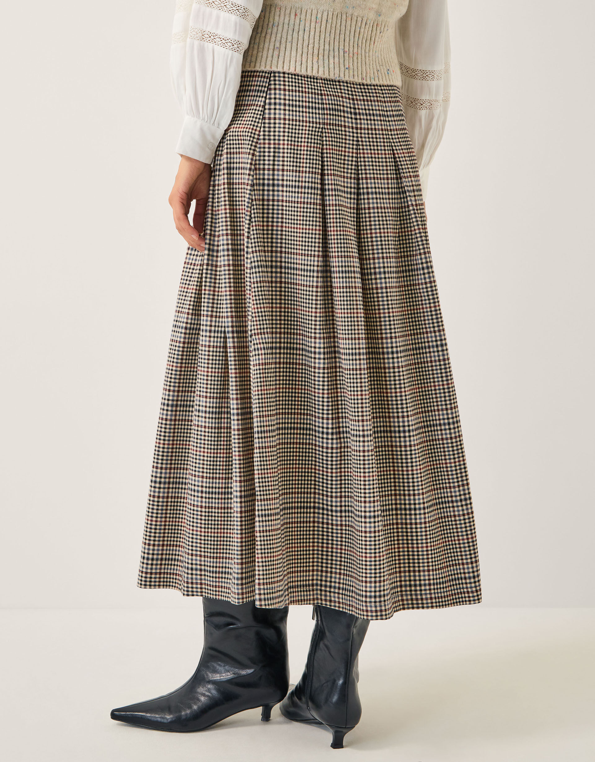 Carmen Check Pleat Midi Skirt Natural