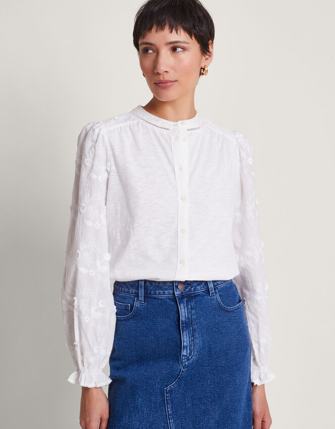 Indi Embroidered Sleeve Shirt, Ivory (IVORY), large
