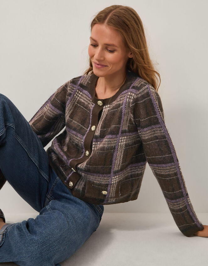 Carmen Check Cardigan, Brown (CHOCOLATE), large