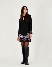 Embroidered Short Tunic Dress with Recycled Polyester, Black (BLACK), large