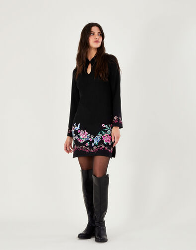 Embroidered Short Tunic Dress with Recycled Polyester, Black (BLACK), large