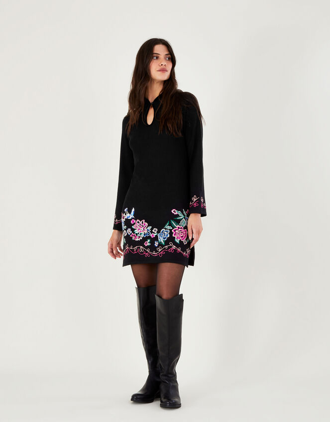 Embroidered Short Tunic Dress with Recycled Polyester, Black (BLACK), large