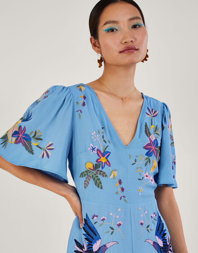 Audra Embroidered Tea Dress in Recycled Polyester , Blue (BLUE), large