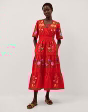 Emma Floral Embroidered Midi Dress, Red (RED), large