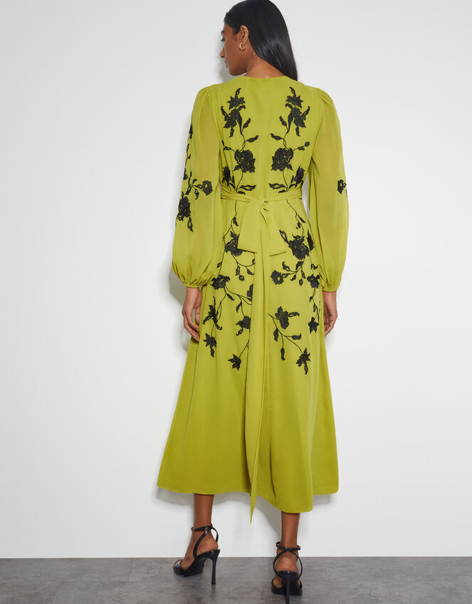 Willa Floral Embroidered Midi Wrap Dress, Green (CHARTREUSE), large