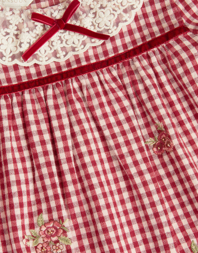 Lace Collar Embroidered Gingham Dress, Red (BURGUNDY), large