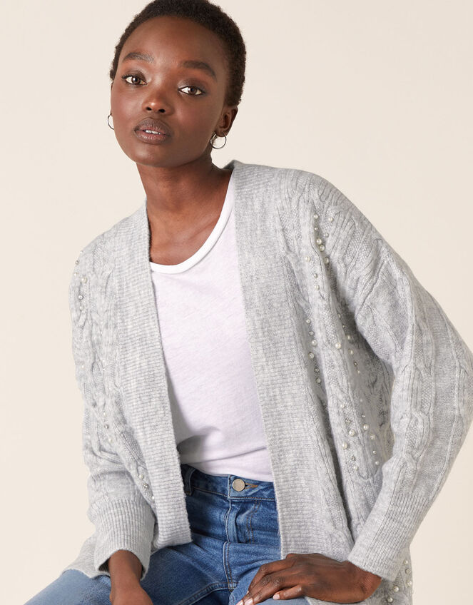 Embellished Cable Knit Cardigan, Grey (GREY MARL), large