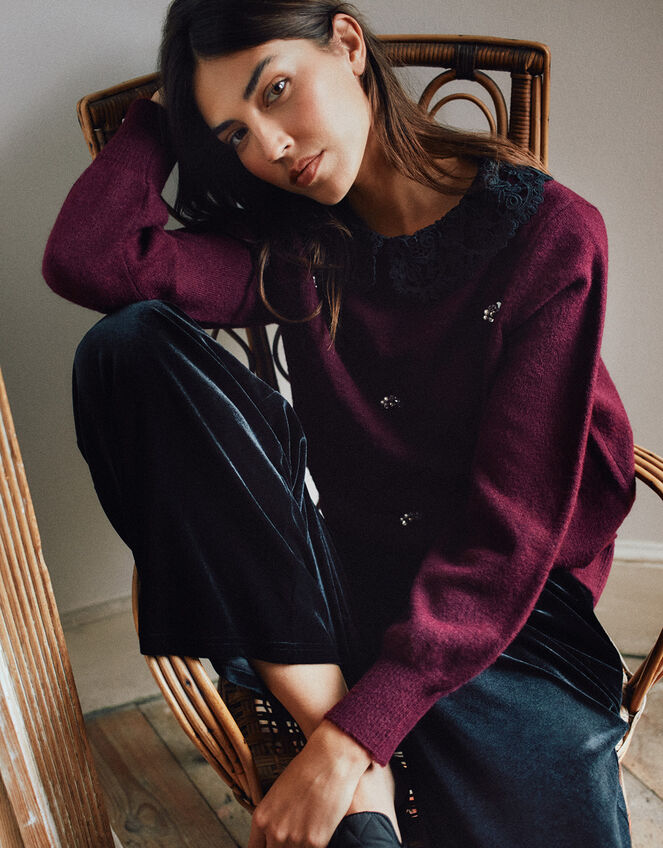 Collar All-Over Embellished Jumper, Red (BERRY), large
