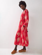 East Floral Print Belted Midi Dress, Red (RED), large