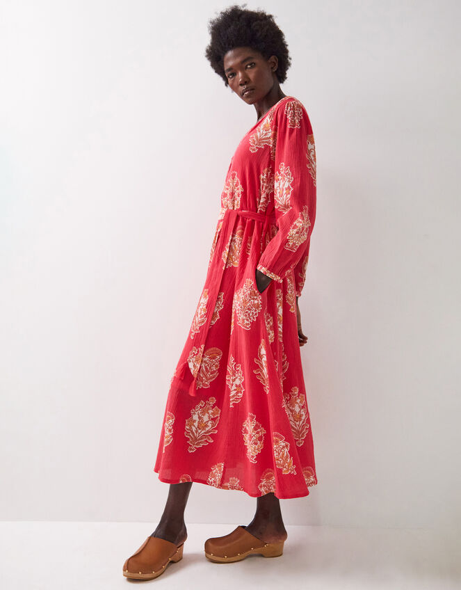 East Floral Print Belted Midi Dress, Red (RED), large