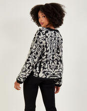 Handknit Jacquard Cardigan with Recycled Polyester, Black (BLACK), large