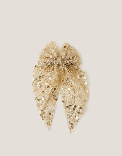 Long Sequin Bow Hair Clip, Gold (GOLD), large
