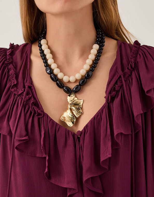 Layered Bead Floral Pendant Necklace, , large