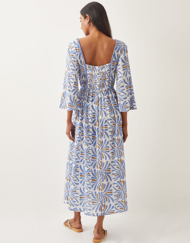 Cece V-Neck Woodblock Print Midi Dress Blue