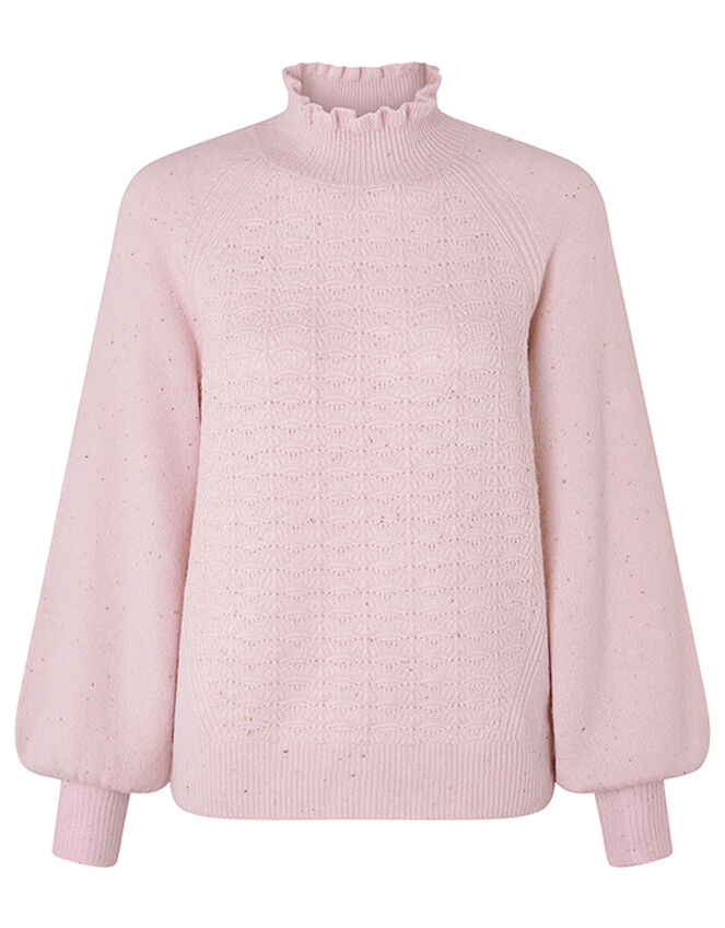 Ruffle Neck Stitchy Knit Jumper, Pink (PINK), large