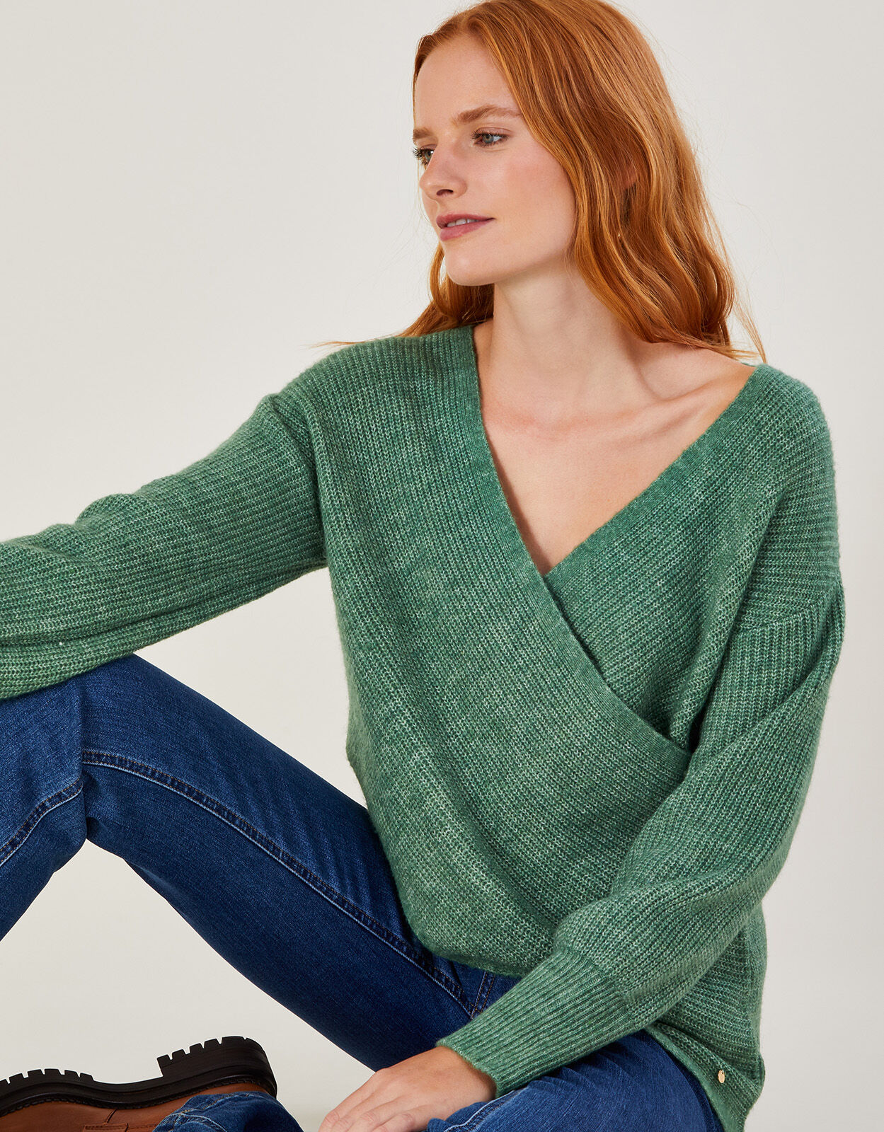 Super Soft Ribbed Ballet Wrap Jumper Green