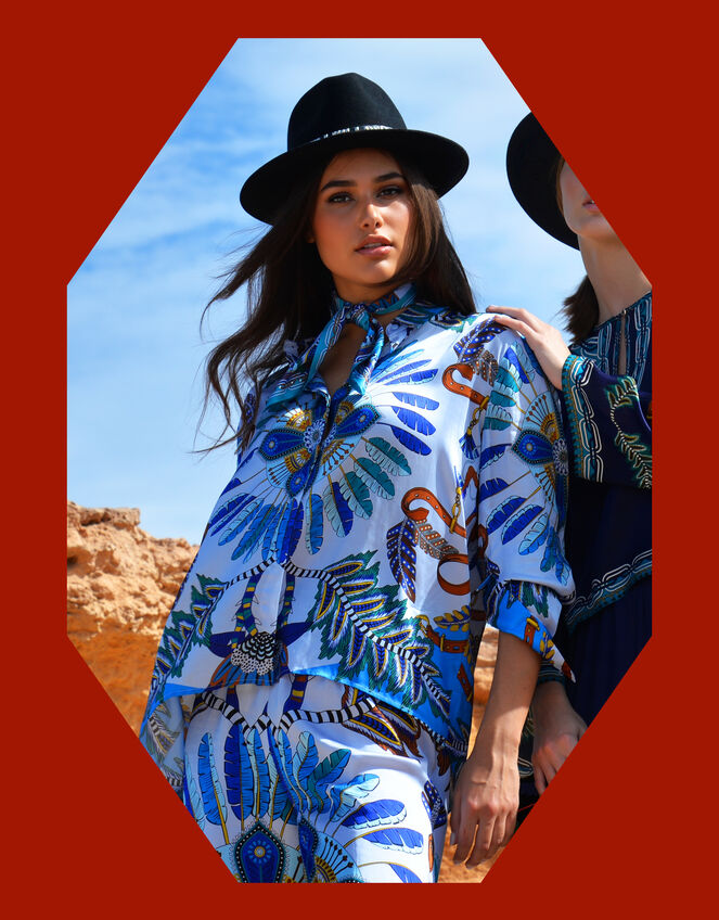 Wild Bonaventure Feather Print Shirt, Blue (BLUE), large