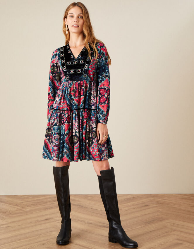 Patch Print Velvet Trim Dress , Red (RED), large