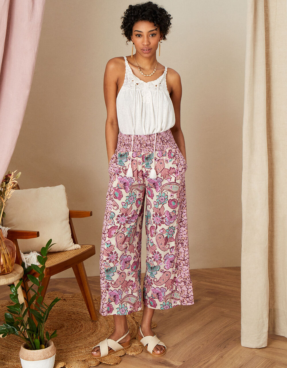 Women Women's Clothing | Floral Border Print Trousers in LENZING™ ECOVERO™ Ivory - RE45018