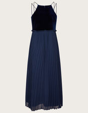 Eloise Velvet Satin Pleated Prom Dress, Blue (NAVY), large