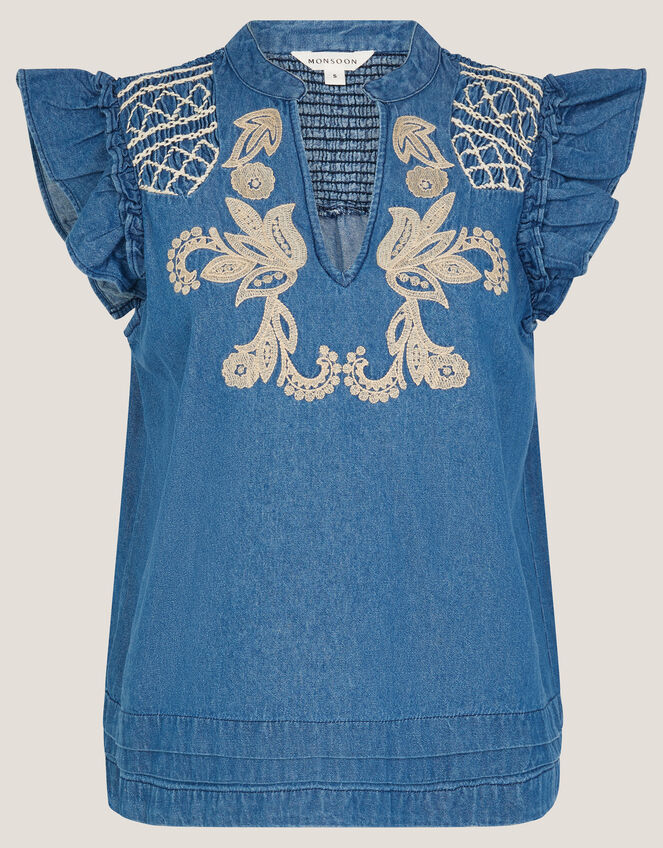 Holly Embroidered Denim Top, Blue (DENIM BLUE), large
