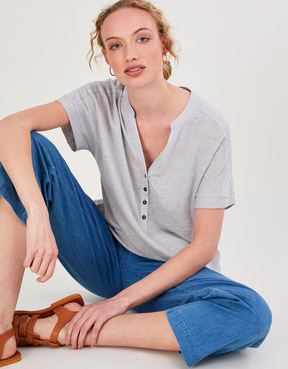 Women Women's Clothing | Button Detail Jersey Short Sleeve Top Grey - ZT96230