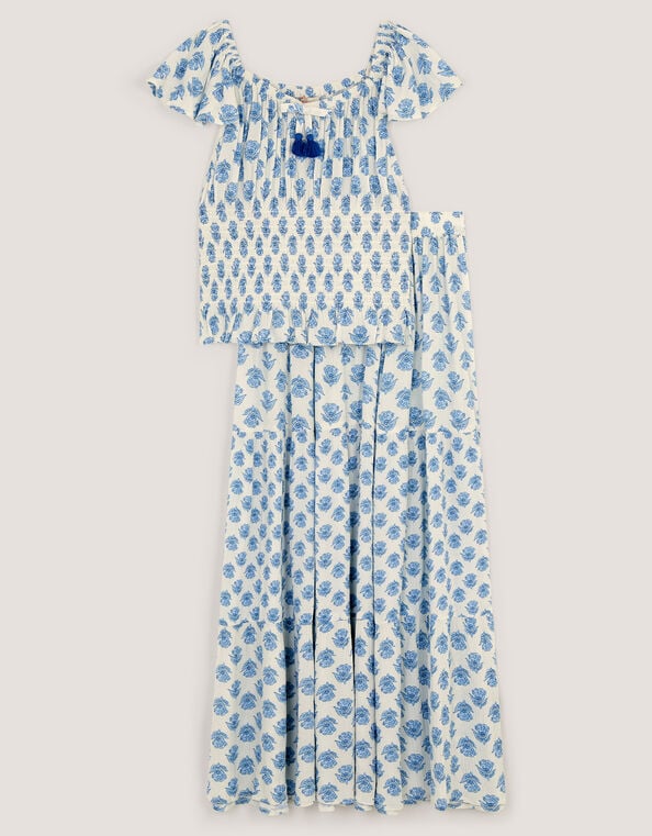 Floral Print Smocked Top & Maxi Skirt Set, White (WHITE), large