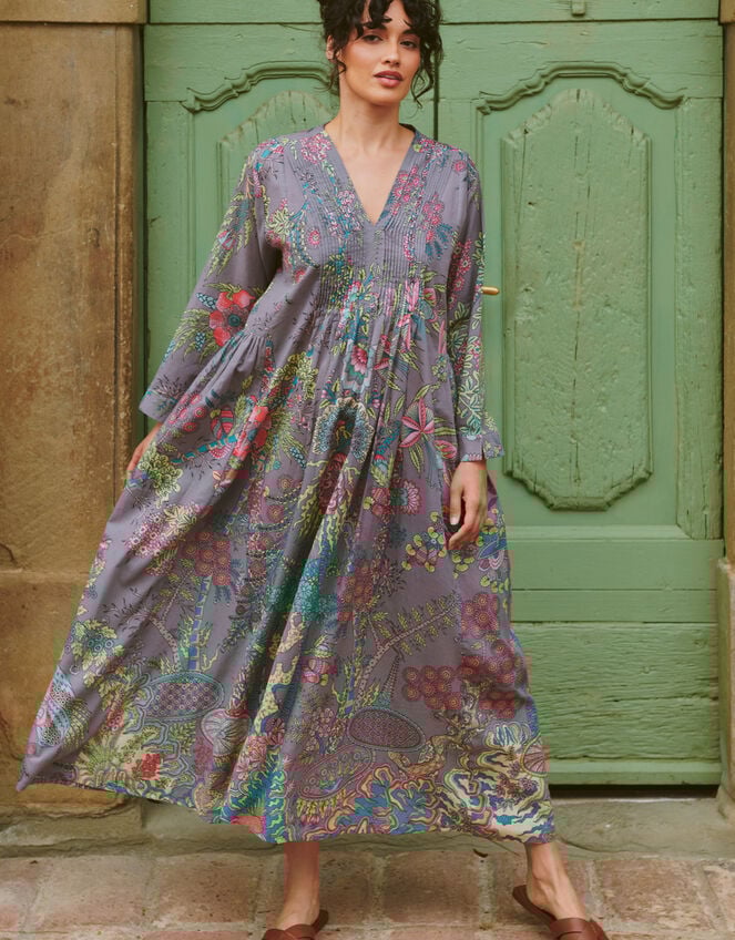 One Hundred Stars Boho Garden Print Maxi Dress, Grey (GREY), large