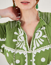 Embroidered Pineapple Applique Dress in Linen Blend, Green (GREEN), large