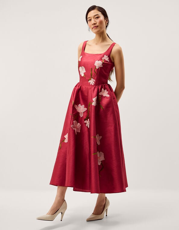 Anya Floral Embroidered Fit & Flare Midi Dress, Pink (PINK), large