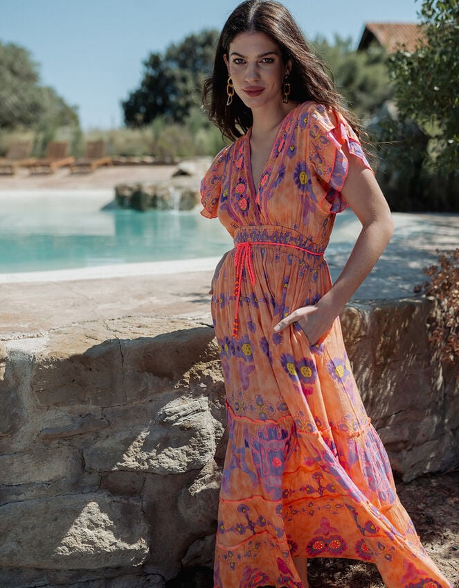 Piti Cuiti Flutter Floral Print Maxi Dress, Orange (ORANGE), large