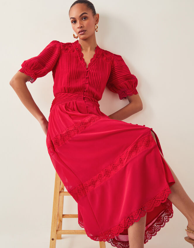 Kiana Pintuck Puff-Sleeve Midi Dress, Red (RED), large