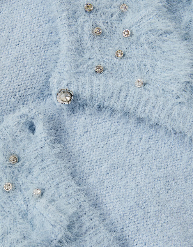Embellished Collar Fuzzy Cardigan, Blue (BLUE), large