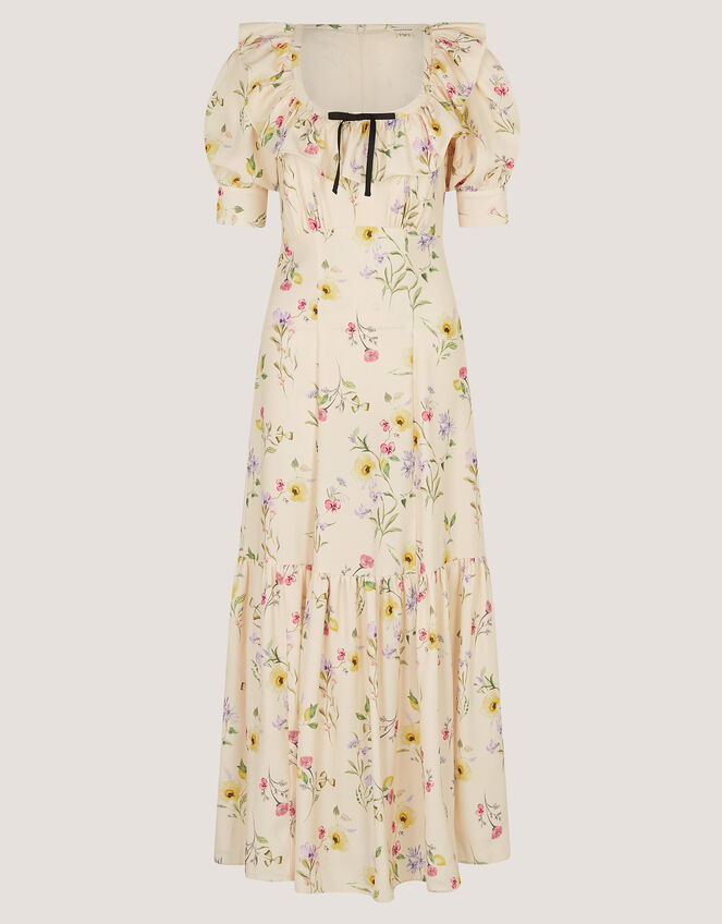 Sienna Frill Neck Floral Midi Dress Ivory