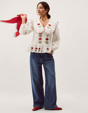 Talia Tulip Embroidered Scallop Collar Top, White (WHITE), large
