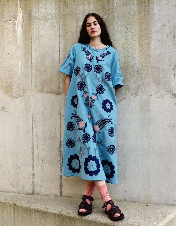 East Anyar Applique Placement Embroidery Dress, Teal (TEAL), large