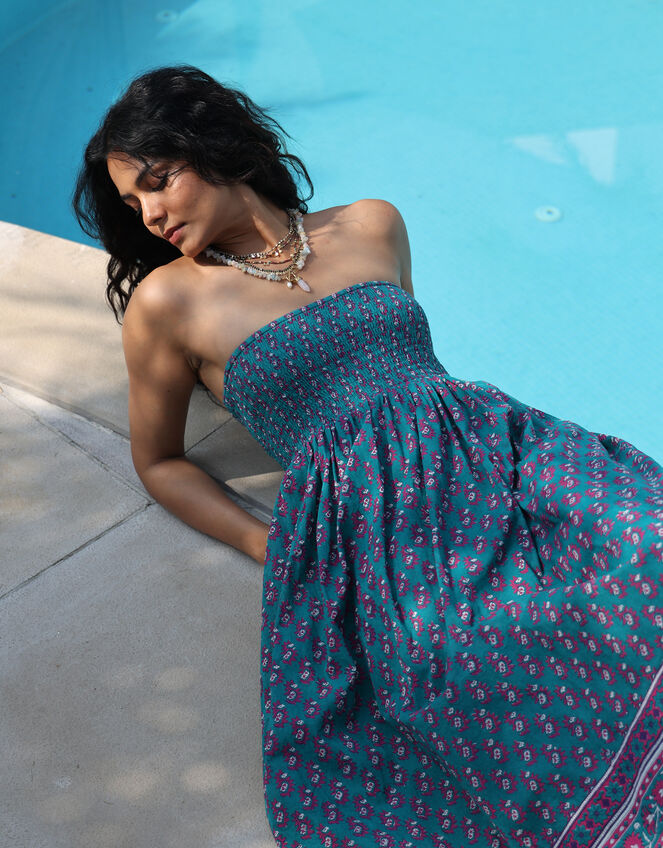 Dilli Grey Kaya Smocked Block Print Midi Skirt, Teal (TEAL), large