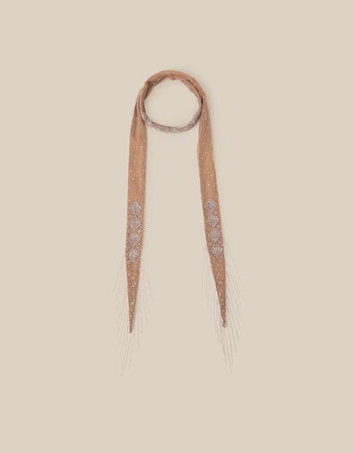 Enid Embellished Tassel Skinny Scarf, , large