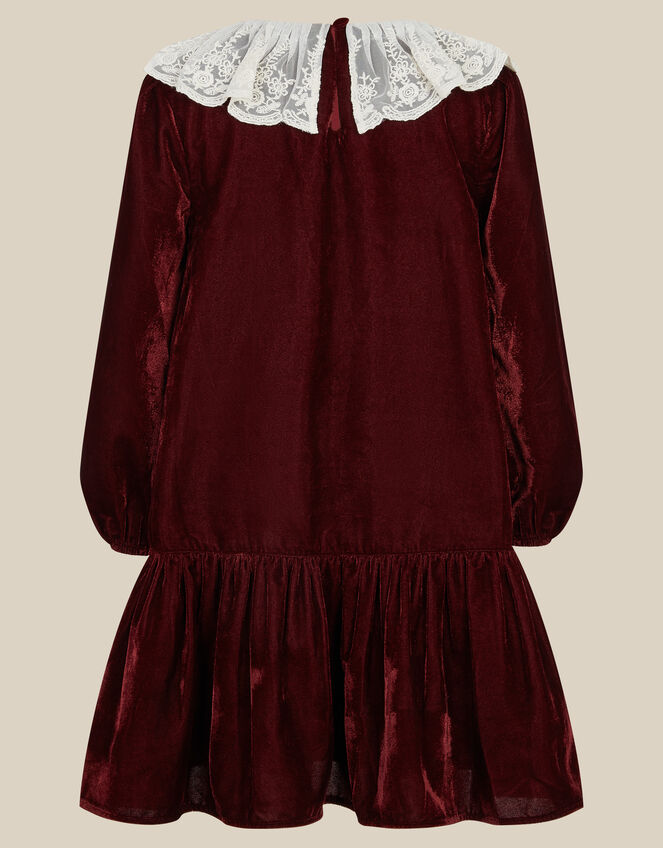 Monsoon x Queens of Archive Lace Collar Velvet Party Dress​, Red (BURGUNDY), large