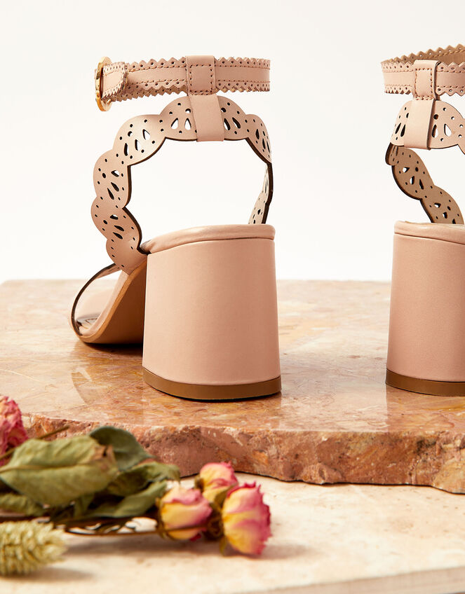 Laser Cut Occasion Leather Block Heels , Pink (BLUSH), large