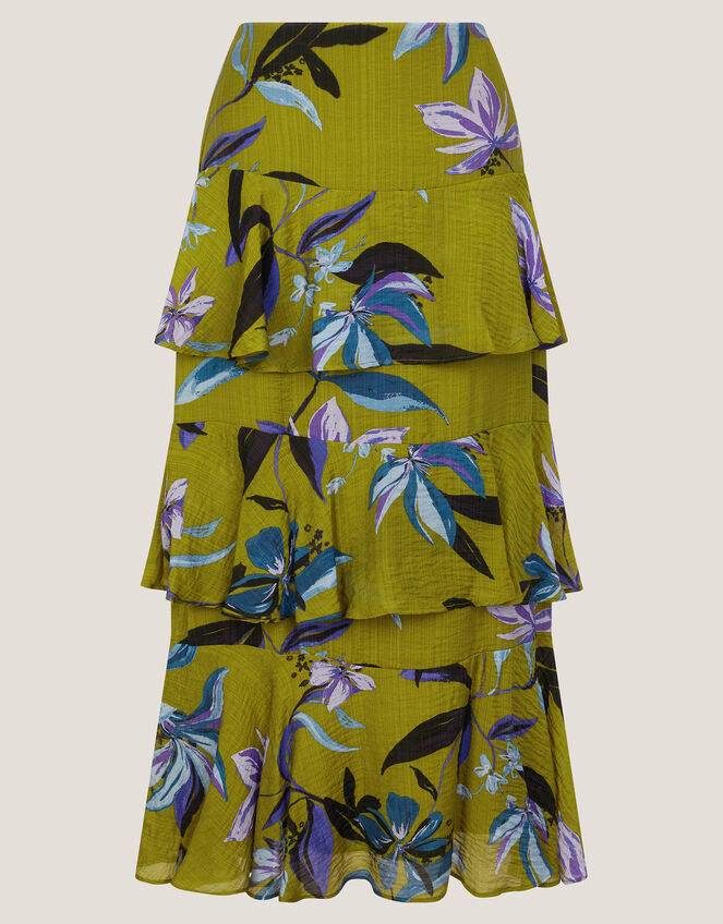 Sonya Floral Print Frill Midi Skirt, Green (KHAKI), large