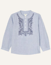 Kurta Pin Stripe Embroidered Shirt, Blue (BLUE), large